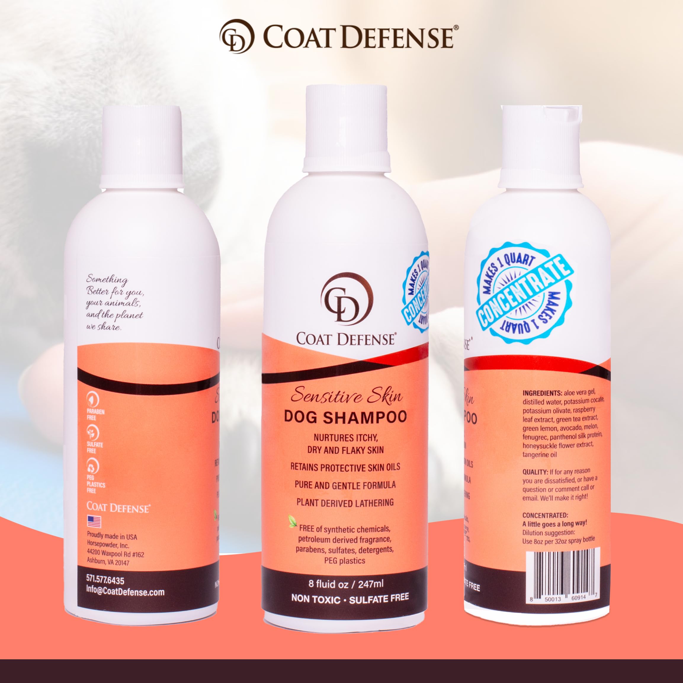 COAT DEFENSE CD Shampoo from All-Natural - Made in USA - Hypoallergenic & Concentrated | Aloe Based - Soothes and Relieves Itchy, Dry and Inflamed Skin | Safe for Everyone | 8 Ounces