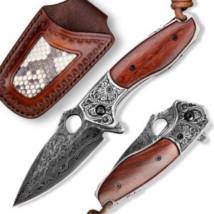 SPIRIT DEED edc pocket knife for men,2.5in japanese handmade vg10 damascus steel,rosewood handle,liner lock,leather sheath,folding knives for camping and hunting (rosewood, 2.8)