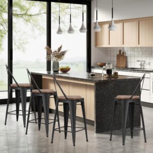 HAOBO Home Swivel Metal Barstools High Back Counter Bar Stools Set of 4 (Matte Black with Wooden Seat, Swivel 24 inch)