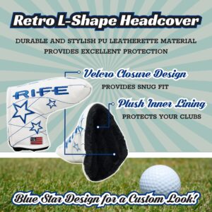 Rife Golf Collectors Edition - Retro L Shape Blade Putter Blue Star Style Headcover. Limited Edition Tour Vintage Leather Style Custom Design Putter Head Cover