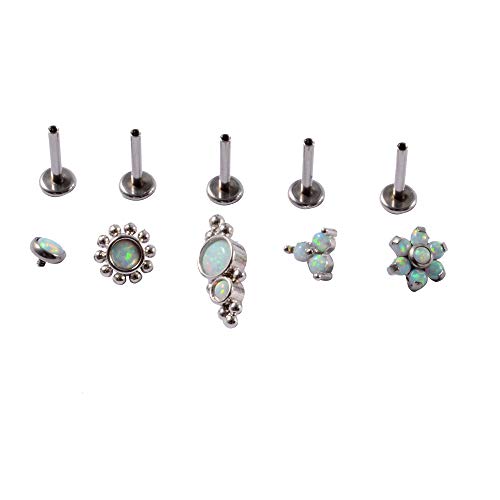 CHUANCI Set Surgical Steel 16G Opal Nose Piercing Ring Cluster Ear Tragus Helix Cartilage Septum Clicker Daith Earring Labret Piercing (Style A 6PCS/Lot)