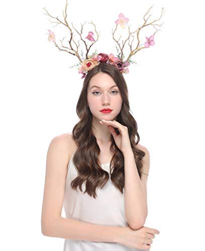 XIDAJIE Deer Antler Flower Crown Headbands Halloween Chritmas Long Antler Flower Branches Headband Props Horns Headpieces Hair Band Photo Shoot Forest Goddess Headdress Headwear, Light Brown