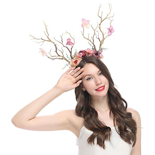 XIDAJIE Deer Antler Flower Crown Headbands Halloween Chritmas Long Antler Flower Branches Headband Props Horns Headpieces Hair Band Photo Shoot Forest Goddess Headdress Headwear, Light Brown