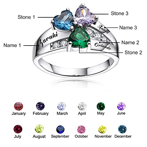 ORFAN Personalized Mothers Rings with 3 Simulated Birthstones and Names Sterling Silver Family Name Ring for Women Custom Anniversary Rings Christmas Gift for Mother Grandmother (Silver)