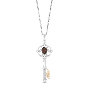 Jewelili Enchanted Disney Fine Jewelry Sterling Silver and 10k Yellow Gold 1/20 CTTW and Smokey Quartz Pocahontas Key Pendant