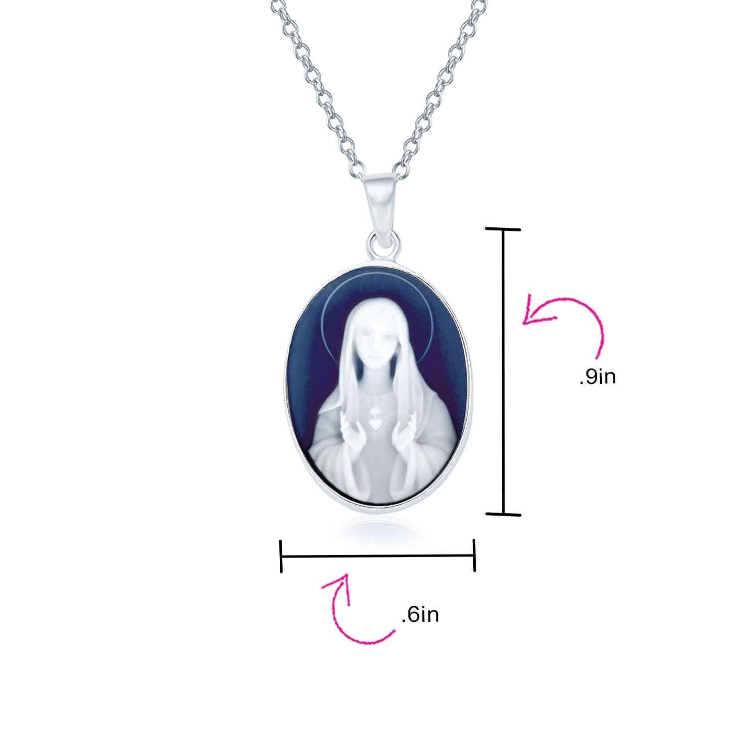 Personalize Vintage Style Simulated Blue Agate Miraculous Our Lady Of Guadalupe Blessed Madonna Oval Virgin Mary Cameo Pendant Necklace For Women .925 Sterling Silver