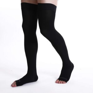 Doc Miller Thigh High Open Toe Compression Stockings 20-30mmHg for Varicose Veins, Pregnancy Support Open Toe Thigh High Compression Socks for Women and Men - 1 Pair Black Large