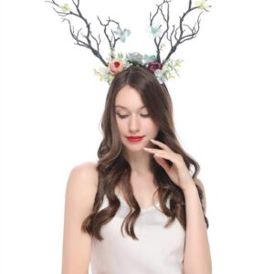 XIDAJIE Deer Antler Flower Crown Headbands Halloween Chritmas Long Antler Flower Branches Headband Props Horns Headpieces Hair Band Photo Shoot Forest Goddess Headdress Headwear, Navy