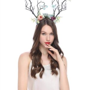 XIDAJIE Deer Antler Flower Crown Headbands Halloween Chritmas Long Antler Flower Branches Headband Props Horns Headpieces Hair Band Photo Shoot Forest Goddess Headdress Headwear, Navy