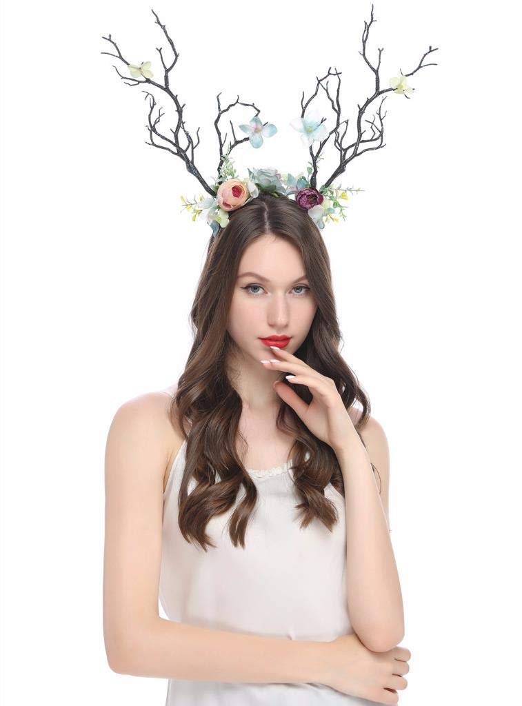 XIDAJIE Deer Antler Flower Crown Headbands Halloween Chritmas Long Antler Flower Branches Headband Props Horns Headpieces Hair Band Photo Shoot Forest Goddess Headdress Headwear, Navy