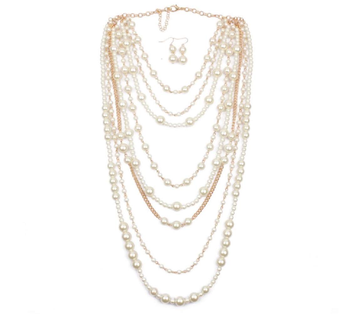 Askana Women's Vintage Retro Classic Style 1920s Fashion Faux Simulate Pearls White Beads Long Multi-layer Layered Statement Strands Necklace with Earrings