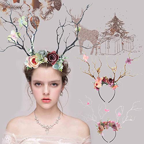 XIDAJIE Deer Antler Flower Crown Headbands Halloween Chritmas Long Antler Flower Branches Headband Props Horns Headpieces Hair Band Photo Shoot Forest Goddess Headdress Headwear, Navy