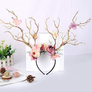 XIDAJIE Deer Antler Flower Crown Headbands Halloween Chritmas Long Antler Flower Branches Headband Props Horns Headpieces Hair Band Photo Shoot Forest Goddess Headdress Headwear, Light Brown