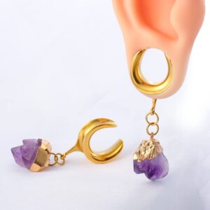 Casvort 2 PCS 12mm (1/2'') Hypoallergenic 316 Stainless Steel Gold Saddle Tunnels Hangers Amethyst Stone Dangle Ear Gauges Plugs Stretcher Earring Body Jewelry