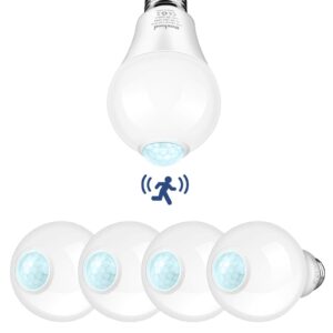 Boxlood Motion Sensor Light Bulbs, 12W(100-Watt Equivalent) PIR Motion Activated Dusk to Dawn Outdoor LED Light Bulb, E26 5000K Daylight, Perfect for Garage Front Door Porch Hallway Basement 4Piece