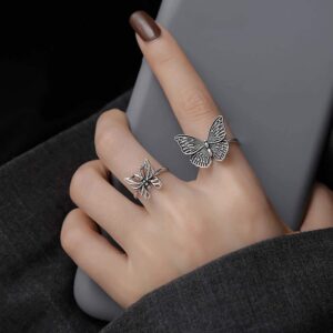 Retro butterfly opening rings for women Silver-plated rings lovely animal jewelry valentine gift adjustable size (HLMY004 style 1)