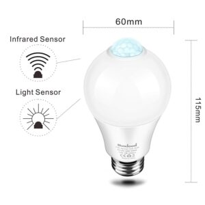 Boxlood Motion Sensor Light Bulbs, 12W(100-Watt Equivalent) PIR Motion Activated Dusk to Dawn Outdoor LED Light Bulb, E26 5000K Daylight, Perfect for Garage Front Door Porch Hallway Basement 4Piece