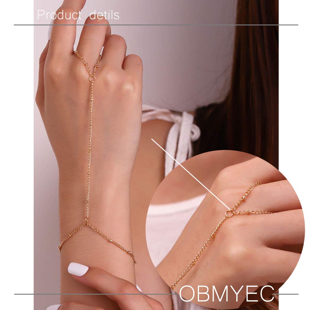 Obmyec Boho Gold Finger Ring Bracelets Beaded Slave Ring Hand Chain Harness Bracelet Hand Jewelry for Women