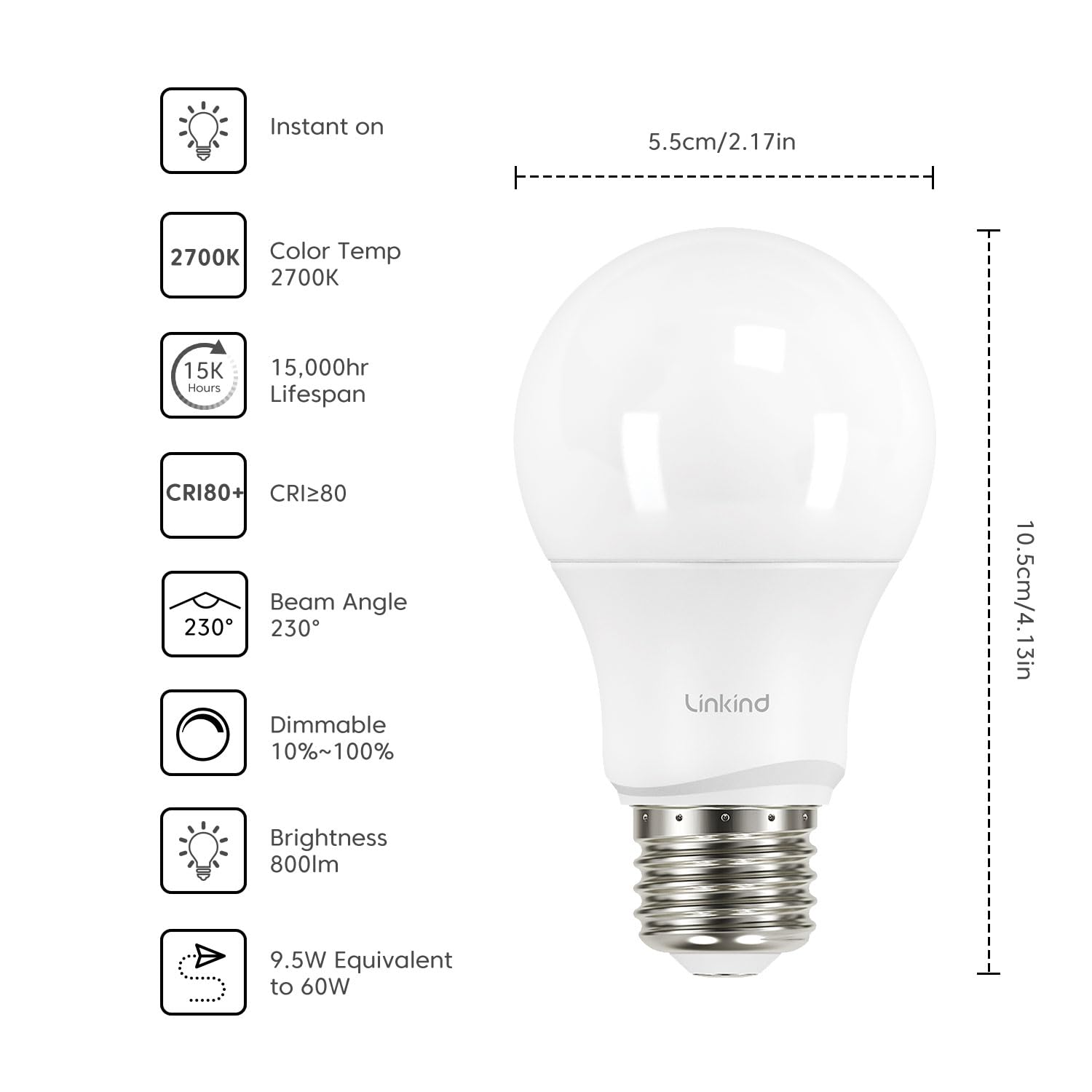 Linkind Dimmable A19 LED Light Bulbs, 60 Watt Equivalent, E26 Base, 2700K Soft White, 9.5W 800 Lumens CRI80+ 120V, UL Listed FCC Certified, Pack of 24