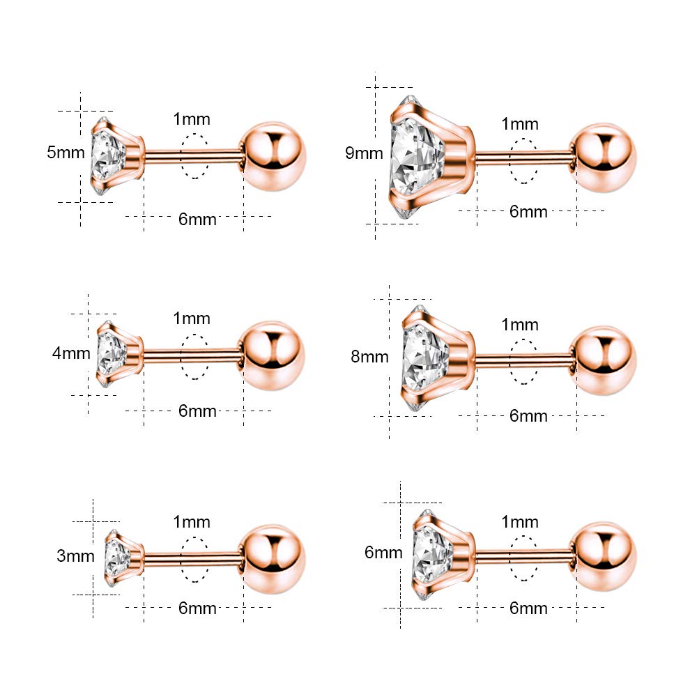 ZS 6 Pairs Shiny Round Cubic Zirconia Surgical Steel Stud Earrings Tragus Helix Conch Piercing Cartilage Sets (6 Pairs.3-8mm Cubic（Rose-gold,Ball Back）)