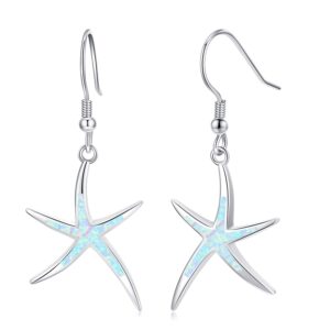 Starfish Earrings,925 Sterling Silver with White Opal Fish Hoops Earings,Nautical Hawaiian Sea Beach Earrings,Starfish Jewelry for Women Starfish Lovers