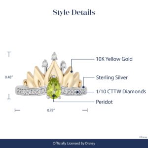 Jewelili Enchanted Disney Fine Jewelry Sterling Silver and 10K Yellow Gold 1/10 Cttw Diamond and Peridot Tiana Water Lily Tiara Ring Size 7