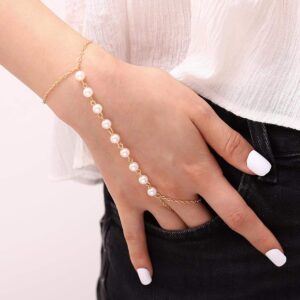 chicque boho hand chain gold pearl finger ring bracelet beads hand jewelry wedding finger bracelet for women and girls