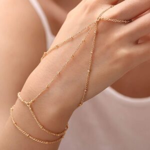 Chicque Beaded Ring Bracelet Hand Chain Gold Layered Finger Ring Hand Bracelet Party Hand Jewelry for Women and Girls