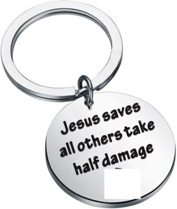 bekech dragons game inspired gift role playing funny jesus saves all others take half damage keychain dm dragon d20 dice gift rpg gamer gift (silver)