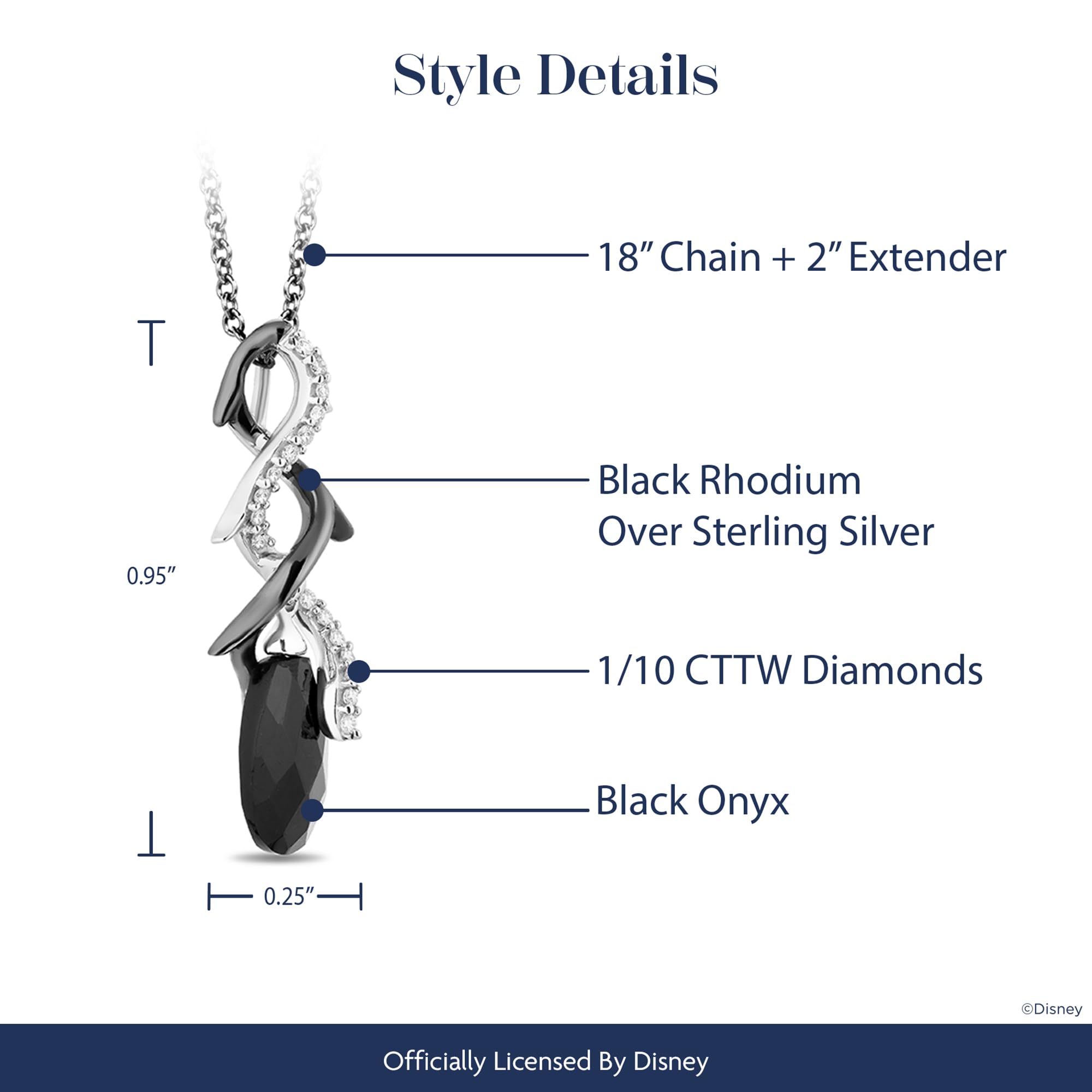 Jewelili Enchanted Disney Fine Jewelry Sterling Silver with Black Rhodium 1/10 Cttw Diamond and Onyx Maleficent Pendant