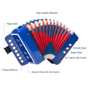 Button Accordion, Horse 10 Keys Control Kids Accordion Musical Instruments for Kids Children Beginners Lightweight and Environmentally-friendly (Blue)