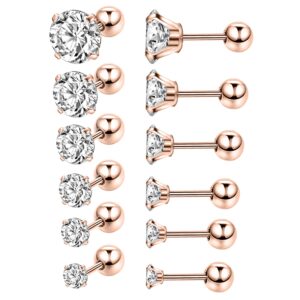 ZS 6 Pairs Shiny Round Cubic Zirconia Surgical Steel Stud Earrings Tragus Helix Conch Piercing Cartilage Sets (6 Pairs.3-8mm Cubic（Rose-gold,Ball Back）)