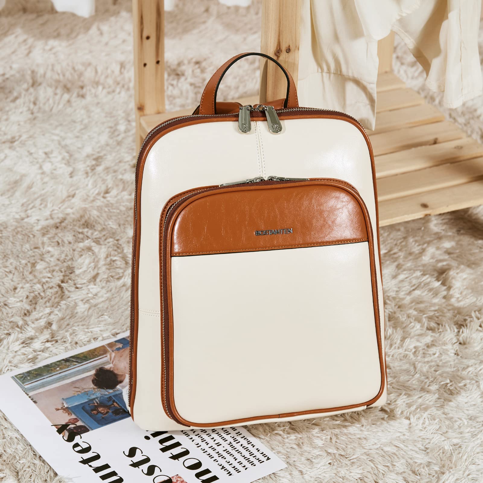 BOSTANTEN Genuine Leather Backpack Purse Casual College Travel Bags for Women Brown with apricot