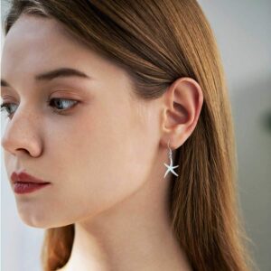 Starfish Earrings,925 Sterling Silver with White Opal Fish Hoops Earings,Nautical Hawaiian Sea Beach Earrings,Starfish Jewelry for Women Starfish Lovers