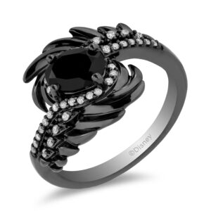 jewelili enchanted disney fine jewelry sterling silver with black rhodium 1/6 cttw diamond and onyx maleficent wings ring