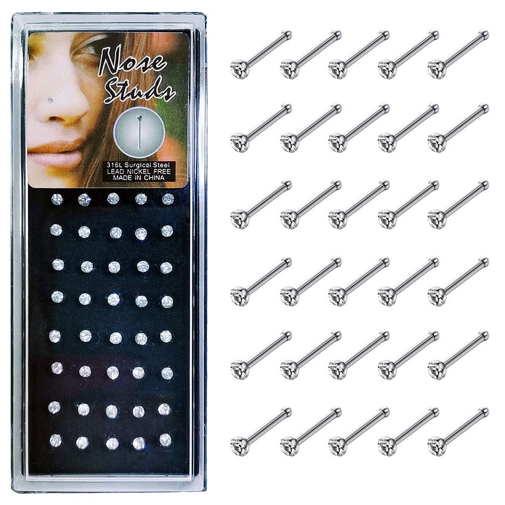 SLVIEKAE 40Pcs Nose Ring Hoop Nose Stud Piercing Hoop Cartilage Tragus Ear Piercing SetNose Studs CZ Hoop Tragus Cartilage Nose Ring Nose Piercing Jewelry (White)