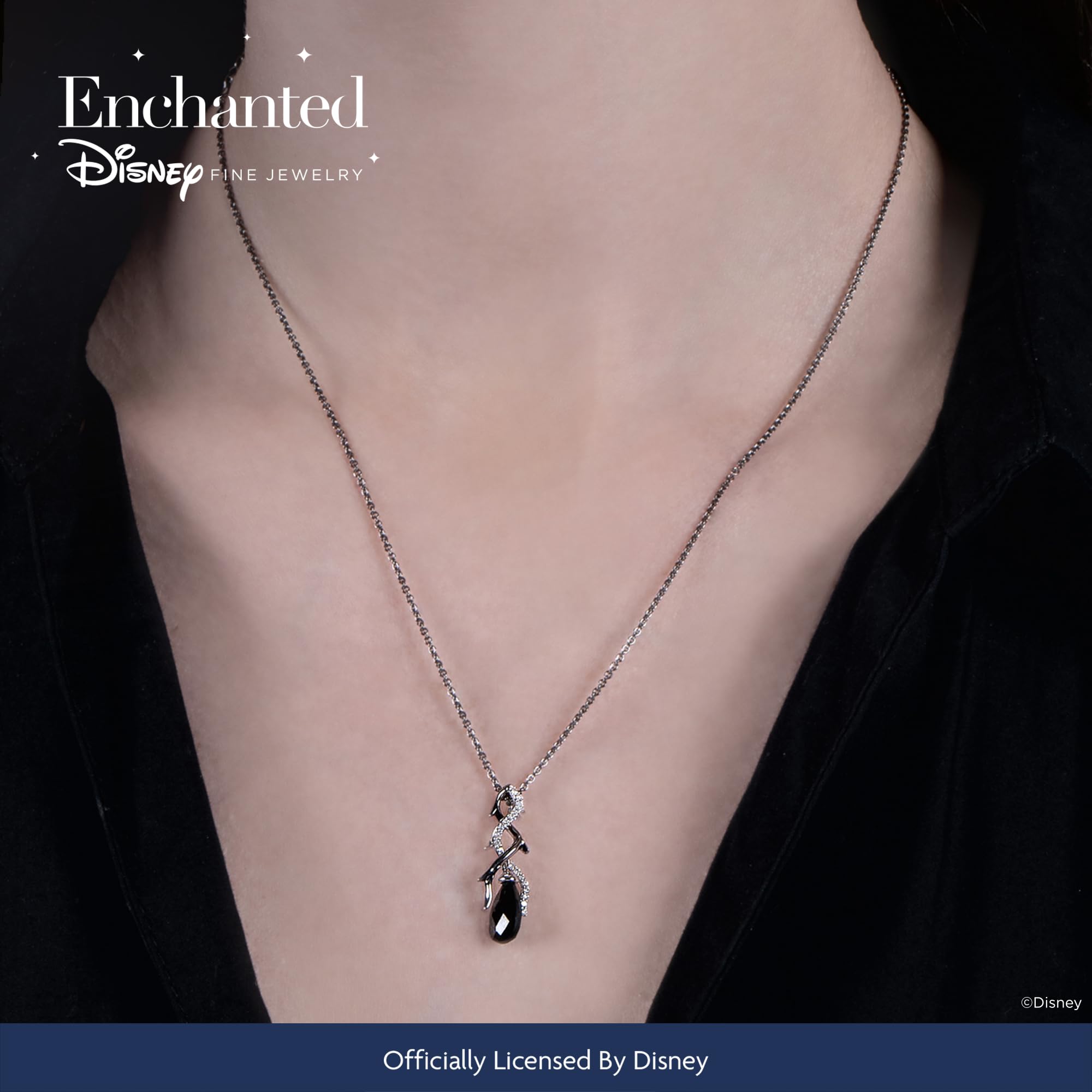 Jewelili Enchanted Disney Fine Jewelry Sterling Silver with Black Rhodium 1/10 Cttw Diamond and Onyx Maleficent Pendant