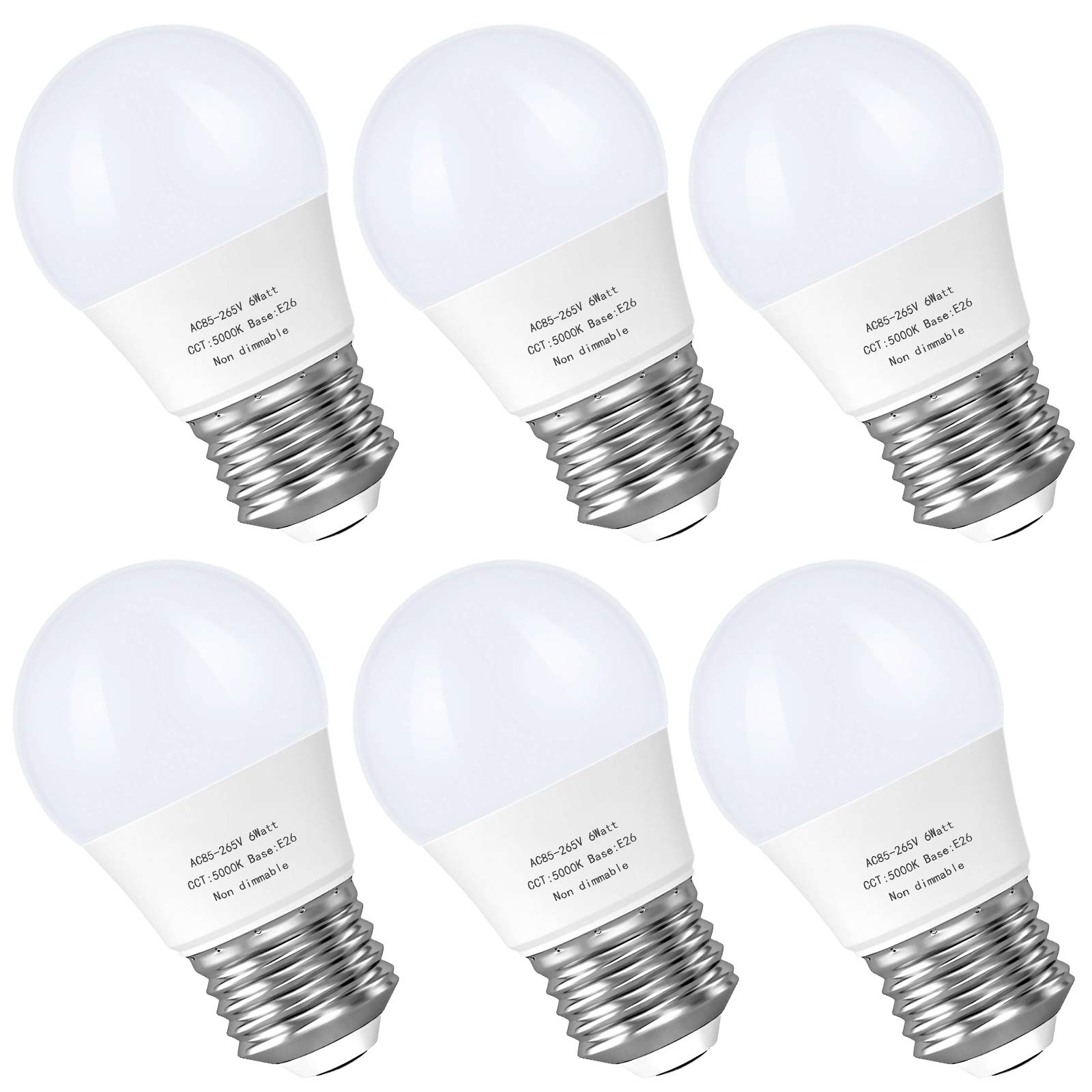 A15 Led Bulb, E26 Base Appliance Light Bulb, 6W(60 Watt Incandescent Equivalent), Ceiling Fan Light Bulbs, 550 LM, Small Lightbulbs, Non-Dimmable, 5000K Daylight, 6 Packs