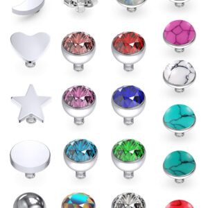 Dyknasz 21PCS 14G Grade 23 Titanium Dermal Anchor Tops Synthetic Stone Internally Threaded Mixcolor Gem for Women Men, Moon/Heart/Star/Flat/Ball/CZ/Opal/Marble Stone 3mm