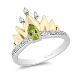 Jewelili Enchanted Disney Fine Jewelry Sterling Silver and 10K Yellow Gold 1/10 Cttw Diamond and Peridot Tiana Water Lily Tiara Ring Size 7