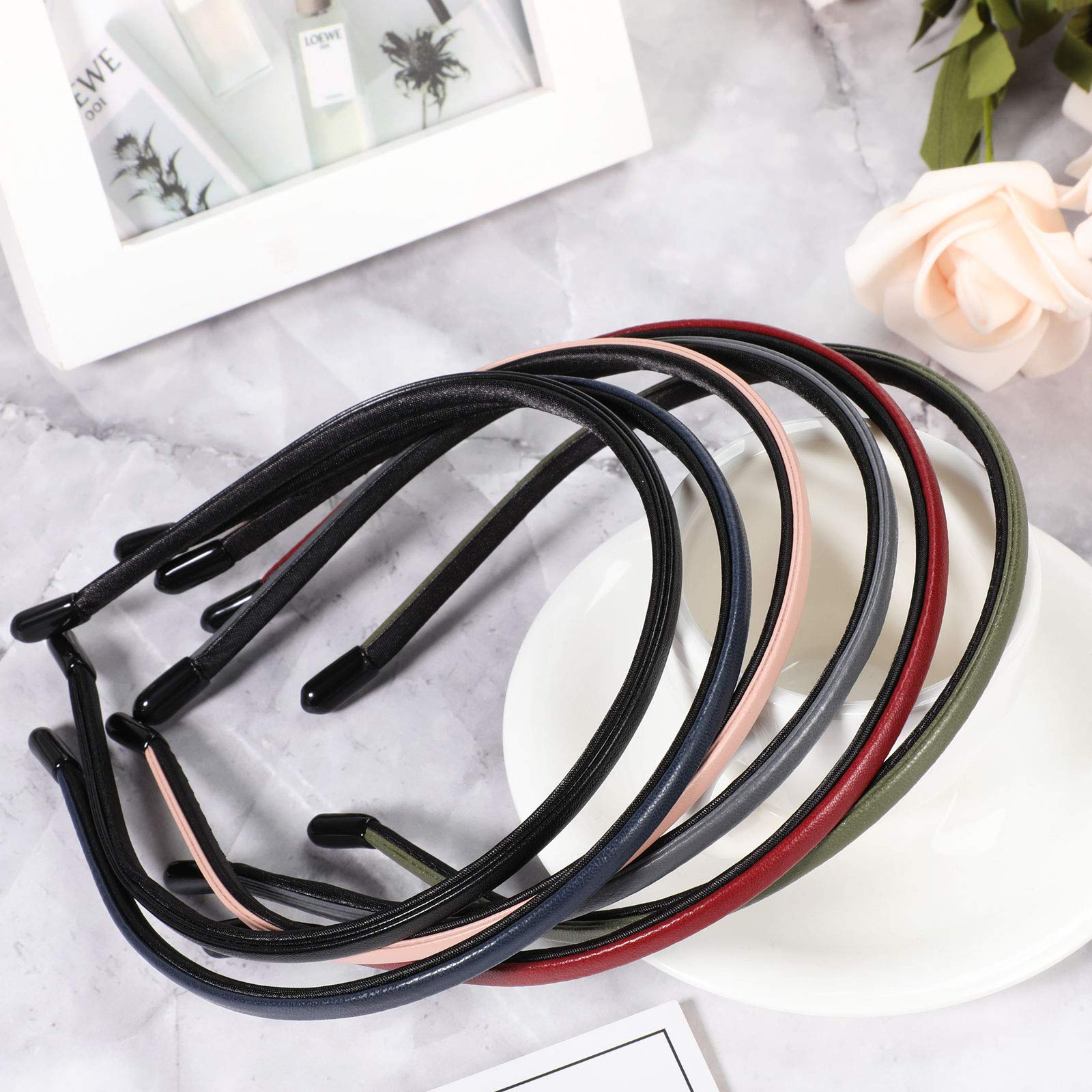 6 Pieces Plastic Skinny Headband Thin Leather Covered Headband Hair Loop Clasp Hairbands Solid Simple Headband for Women and Girls, 6 Colors