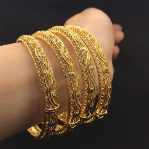 Ethlyn Valentines Day Gifts for her 2Pcs/lot 24k Gold Plated Women Wedding Bangles Bracelets Party Jewelry Birthday Gifts