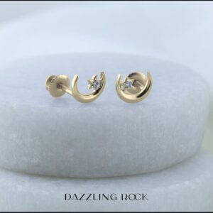 Dazzlingrock Collection 0.02 Carat (ctw) Round White Diamond Ladies Crescent Moon and Star Stud Earrings, 14K Yellow Gold