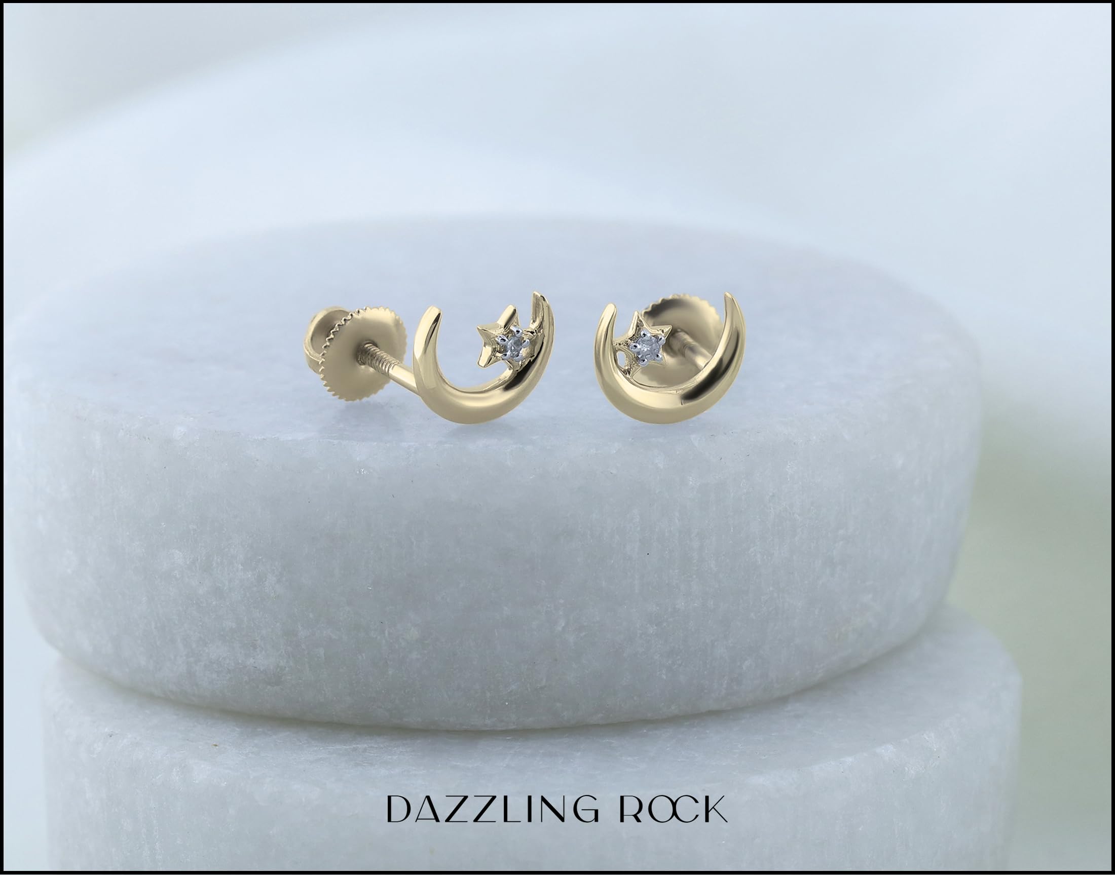 Dazzlingrock Collection 0.02 Carat (ctw) Round White Diamond Ladies Crescent Moon and Star Stud Earrings, 14K Yellow Gold