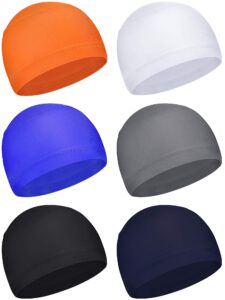 geyoga 6 pieces skull cap sweat wicking cap running hats helmet liner for men and women fitting running jogging exercise(white, grey, orange, sapphire blue, dark blue, black)