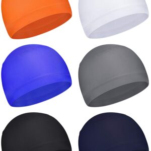 Geyoga 6 Pieces Skull Cap Sweat Wicking Cap Running Hats Helmet Liner for Men and Women Fitting Running Jogging Exercise(White, Grey, Orange, Sapphire Blue, Dark Blue, Black)