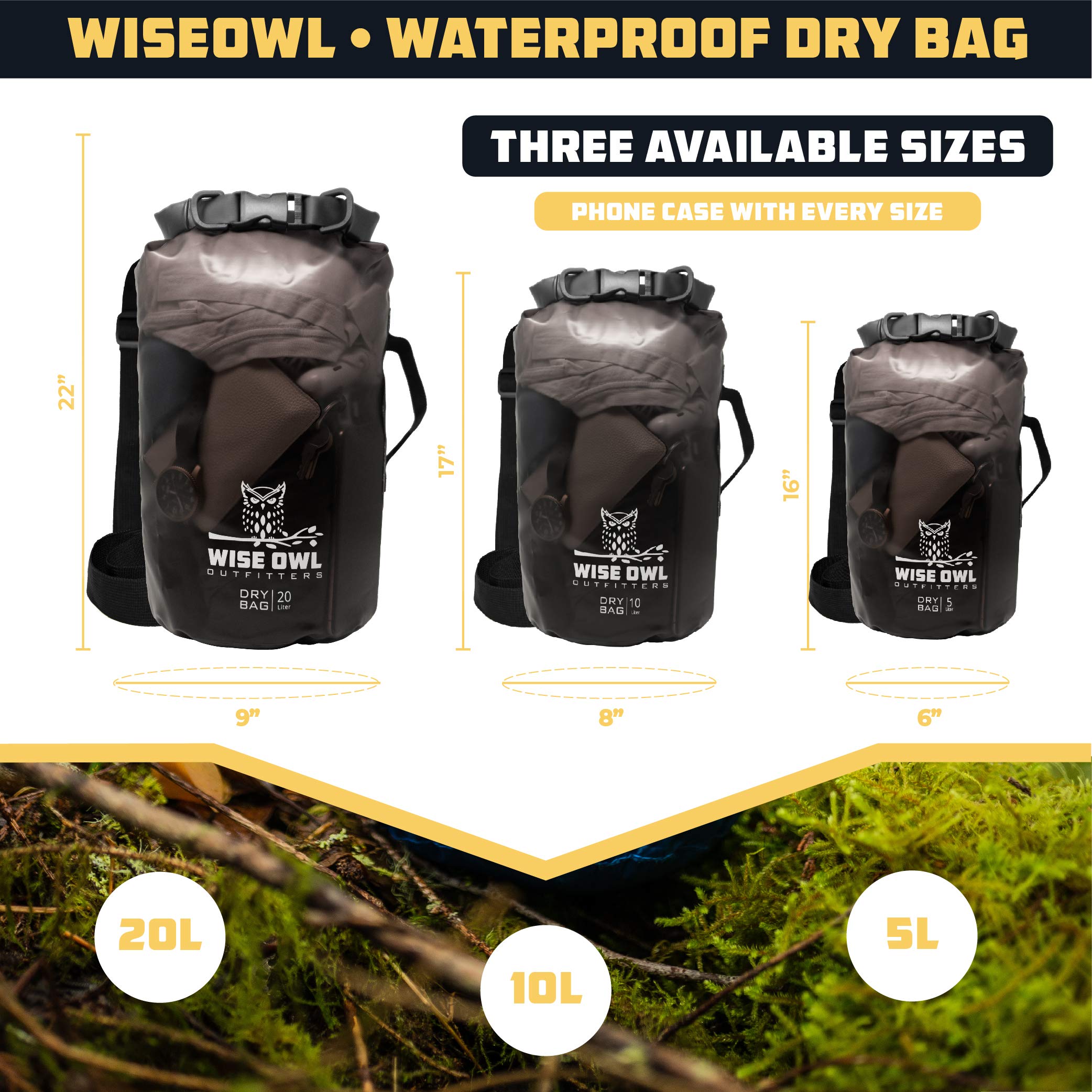 Wise Owl Outfitters Waterproof Dry Bag Backpack - Thick, Durable Water Bag for Kayaking, Camping, Boating, Beach and Outdoor Water Sports - Black Clear, 5L