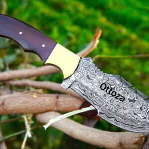 Ottoza Tracker Knife & Bone Handle - Damascus Hunting Knife - Horizontal Carry Knife Sheath 256