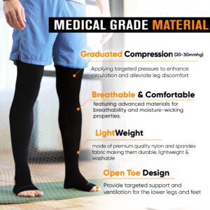 Doc Miller Thigh High Open Toe Compression Stockings 20-30mmHg for Varicose Veins, Pregnancy Support Open Toe Thigh High Compression Socks for Women and Men - 1 Pair Black Large