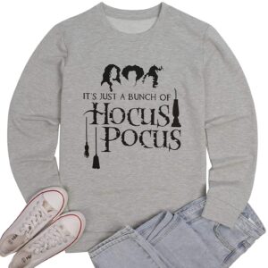 KIDDAD It's Just A Bunch of Hocus Pocus T-Shirt Women Halloween Sanderson Sisters Long Sleeve Crewneck Casual Pullover Tops Light Gray